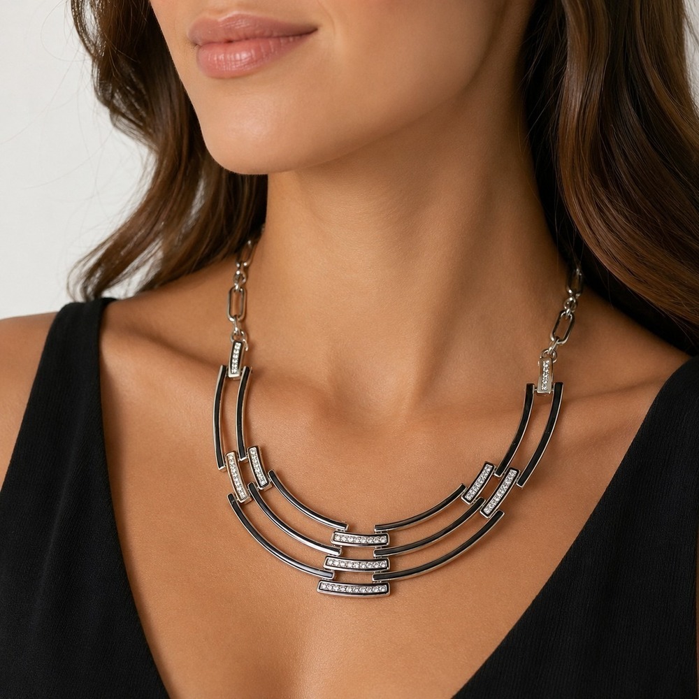 White House Black Market WHBM Silver Tone Geometric Statement Necklace Pave‎